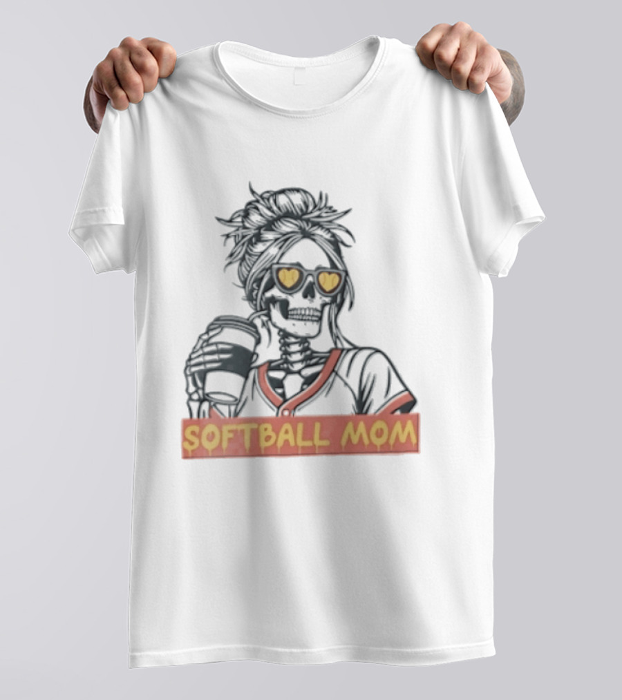 Softball MOM Skeleton Messy Bun Heart Sunglasses Coffee T-Shirt