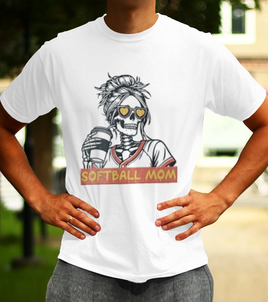 Softball MOM Skeleton Messy Bun Heart Sunglasses Coffee T-Shirt