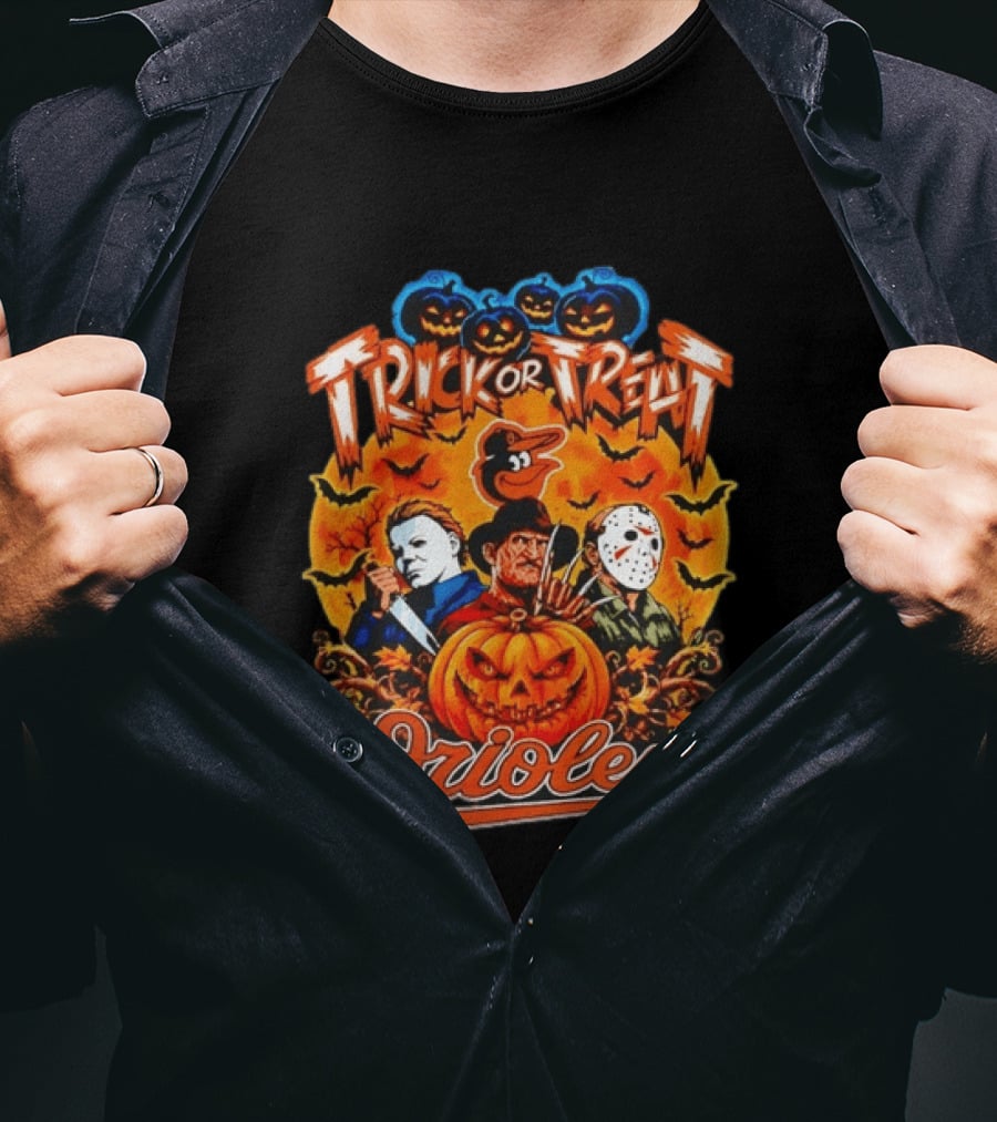 Trick Or Treat Orioles Horror Movie Characters Halloween T-Shirt