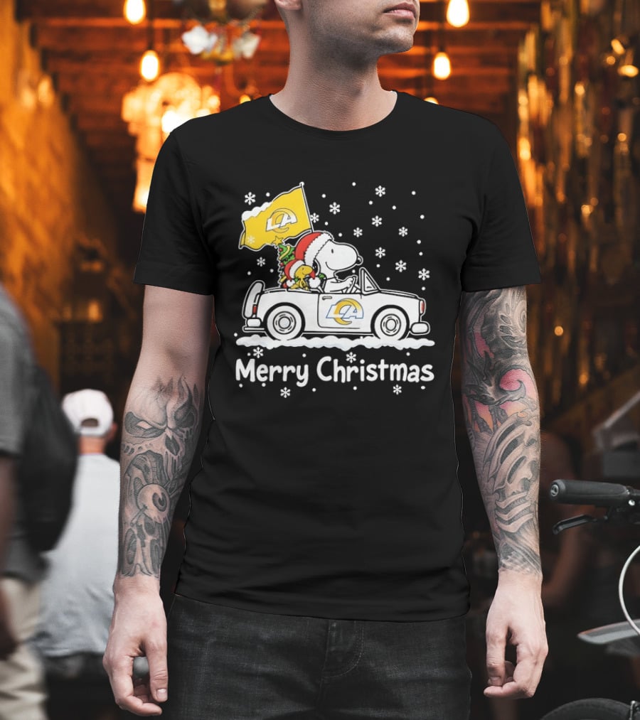 Los Angeles Rams Snoopy Woodstock Merry Christmas Car Holiday T-Shirt