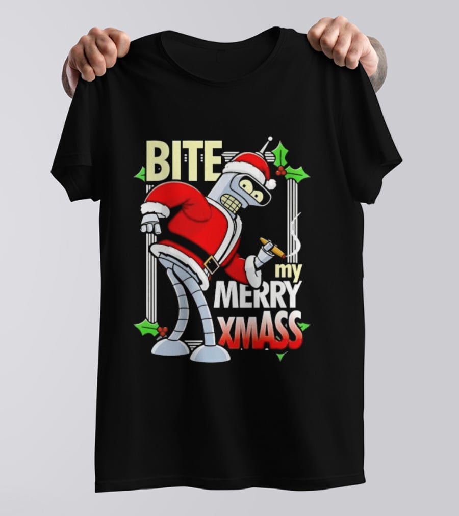 Bender Bite My Merry Xmass Futurama Santa Cigarette Hollys T-Shirt