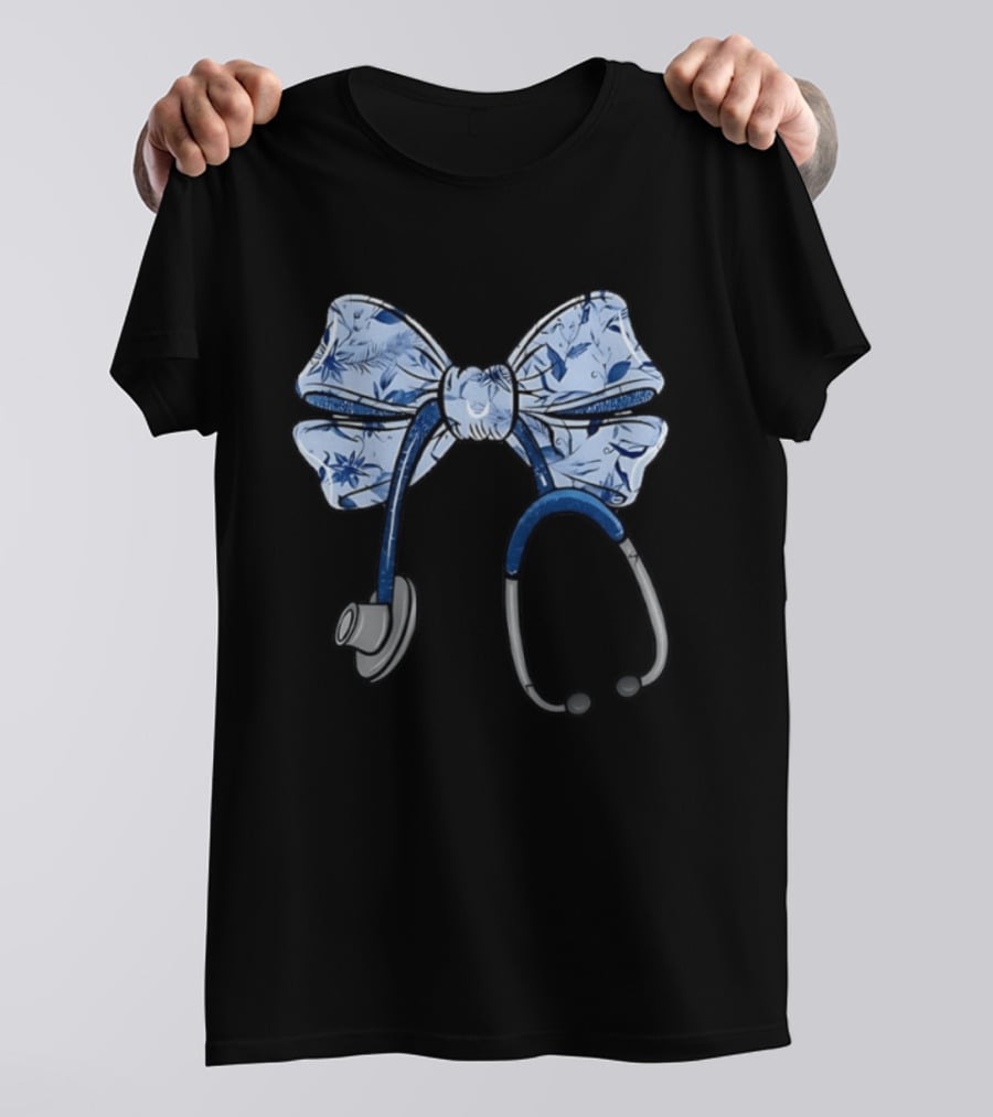 Blessed Are The Healers Matthew Stethoscope Blue Floral Bow T-Shirt