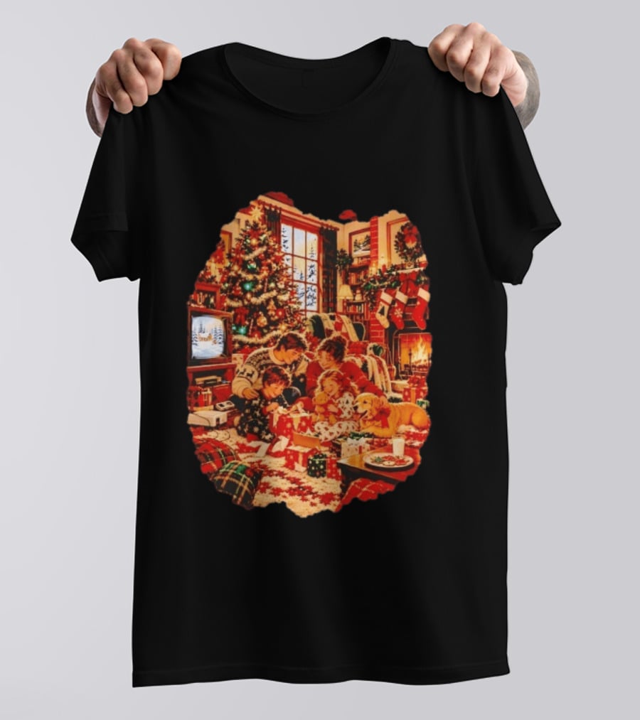 Cozy Christmas Morning Family Scene By The Fireplace With Tree And Stockings T-Shirt