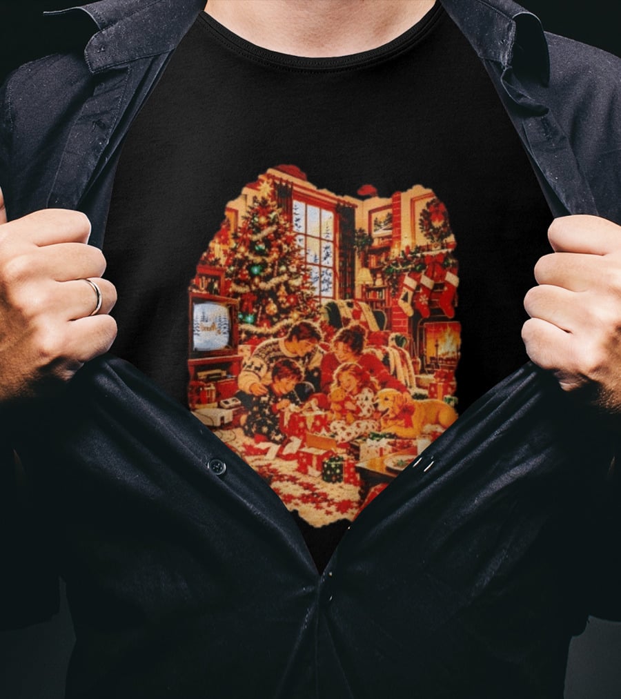 Cozy Christmas Morning Family Scene By The Fireplace With Tree And Stockings T-Shirt