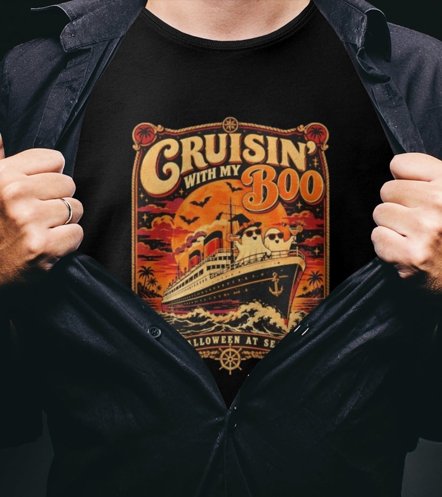 Cruisin' With My Boo Halloween At Sea Ship Ghosts Pumpkins Full Moon T-Shirt