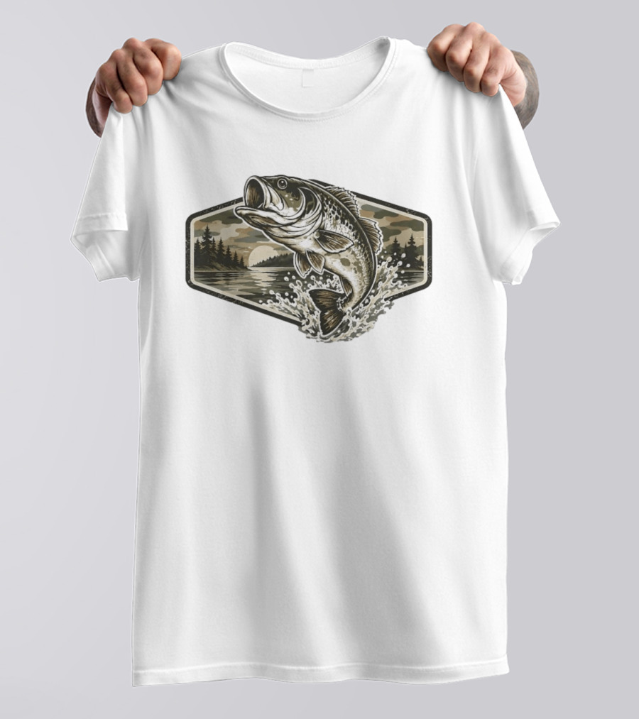 Largemouth Bass Jumping Lake Sunset Distressed Vintage Fishing T-Shirt
