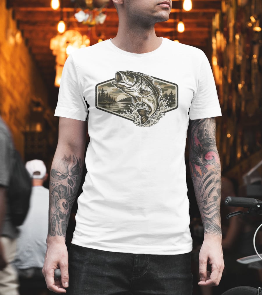 Largemouth Bass Jumping Lake Sunset Distressed Vintage Fishing T-Shirt