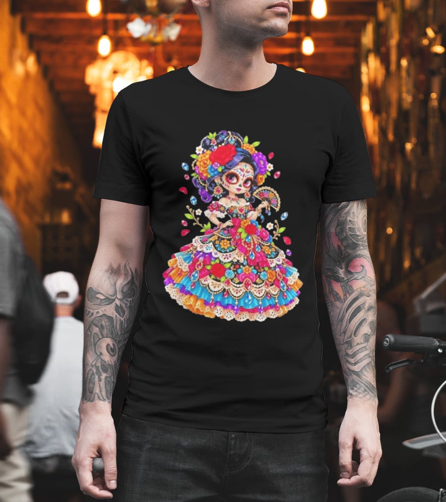 Day Of The Dead Catrina Girl Floral Dress Colorful Sugar Skull T-Shirt