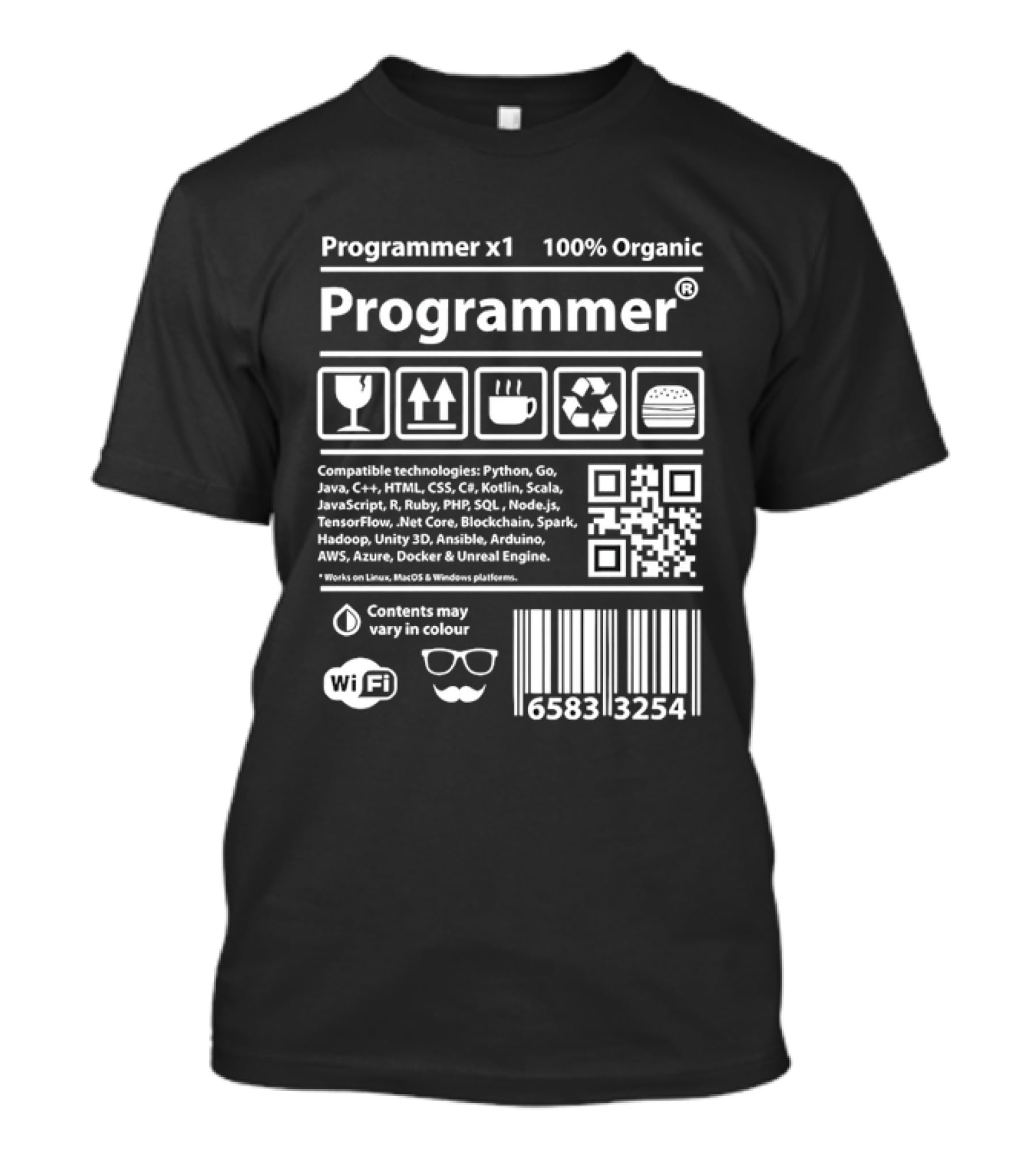 Programmer X1 100 Percent Organic Contents May Vary In Colour Barcode WiFi Coffee Recycle T-Shirt