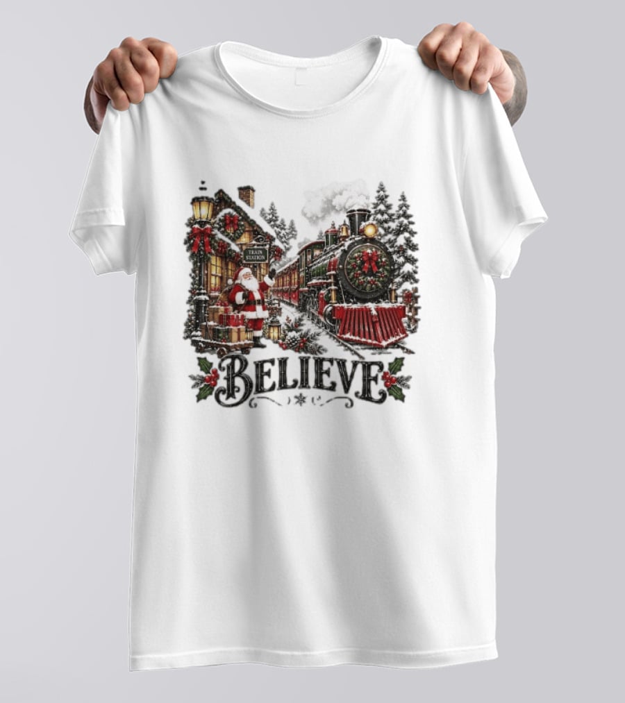 Believe Santa Claus At The Christmas Train Station With Snowy Locomotive Ornaments T-Shirt