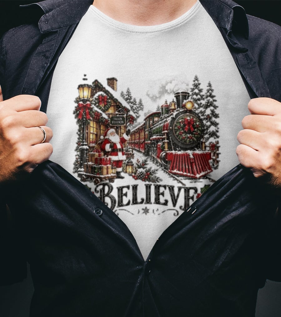 Believe Santa Claus At The Christmas Train Station With Snowy Locomotive Ornaments T-Shirt