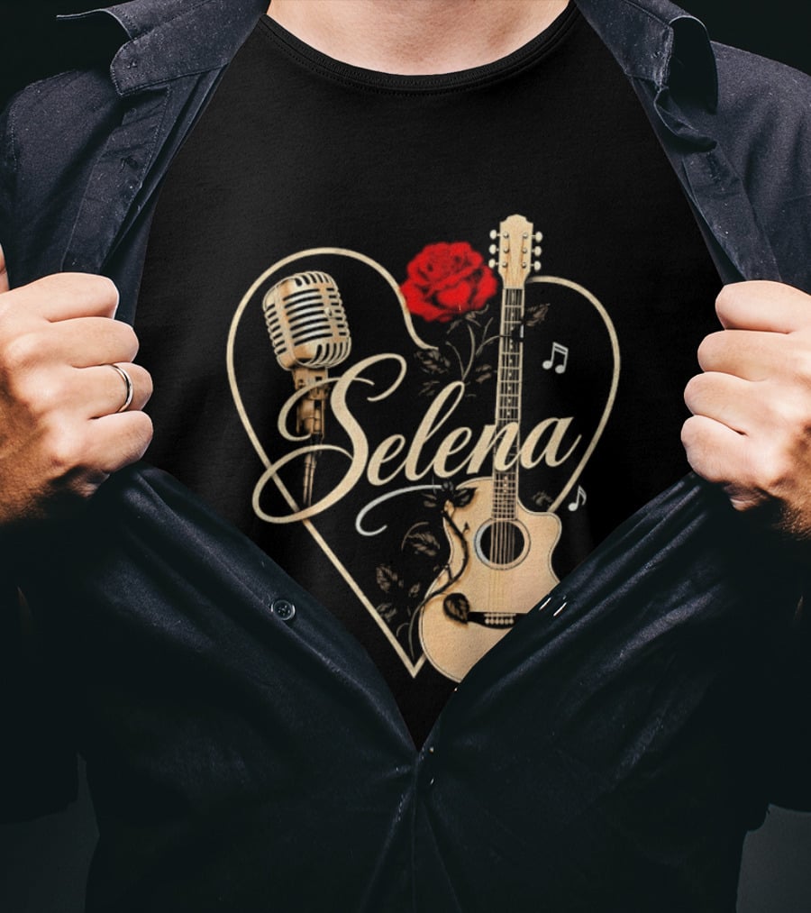 Selena Heart With Rose Microphone Guitar Music Notes T-Shirt