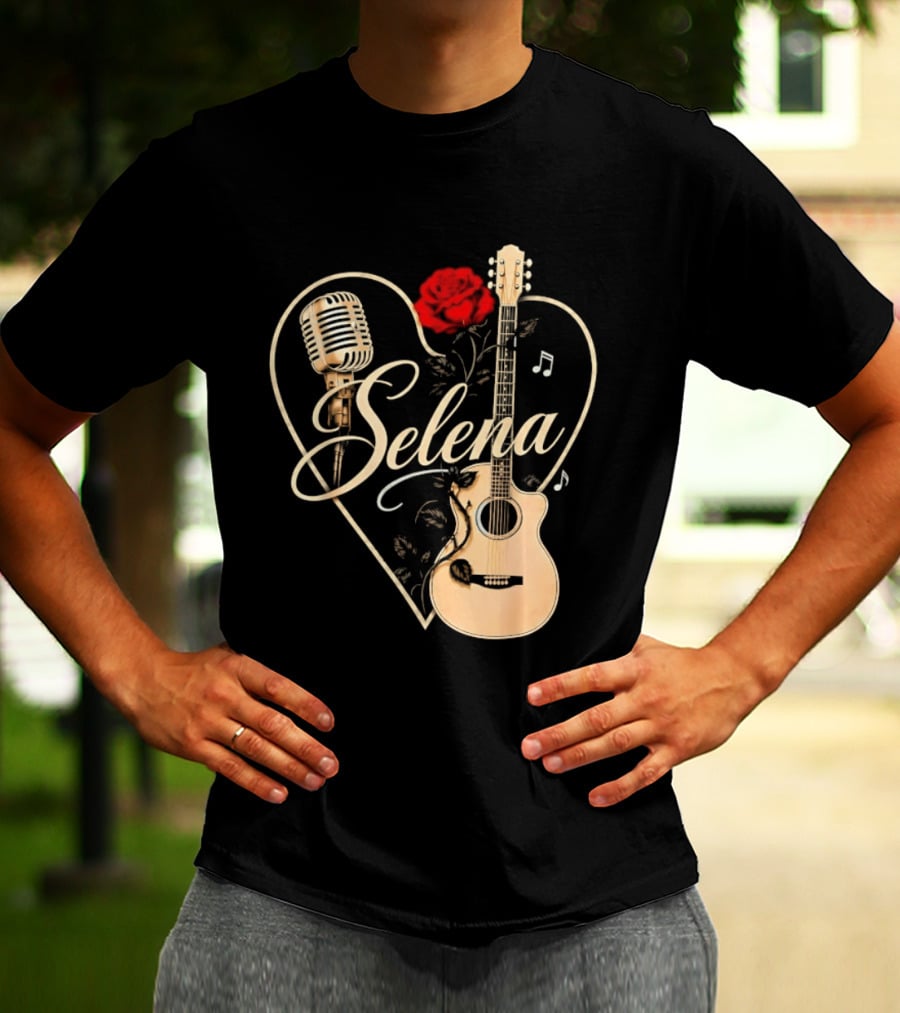 Selena Heart With Rose Microphone Guitar Music Notes T-Shirt