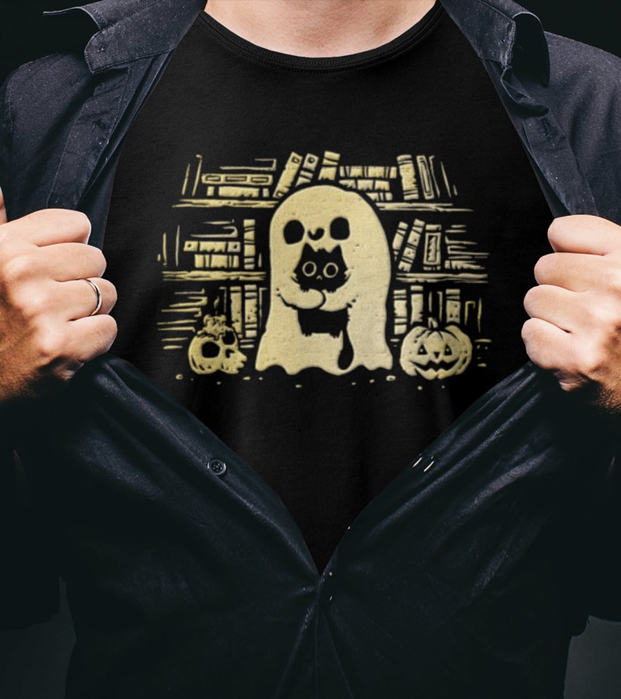 Ghostly Hugs Black Cat Embrace With Pumpkin And Skull In Library T-Shirt