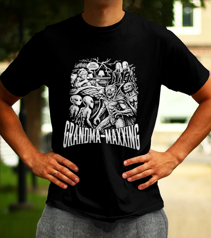 Grandma Maxxing Damn Demons Horror Grandma Supernatural Scene T-Shirt