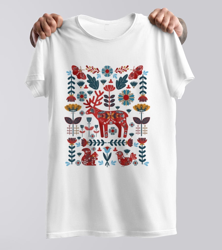 Scandinavian Folk Art Reindeer Forest Animals Flowers And Nature Wildlife T-Shirt