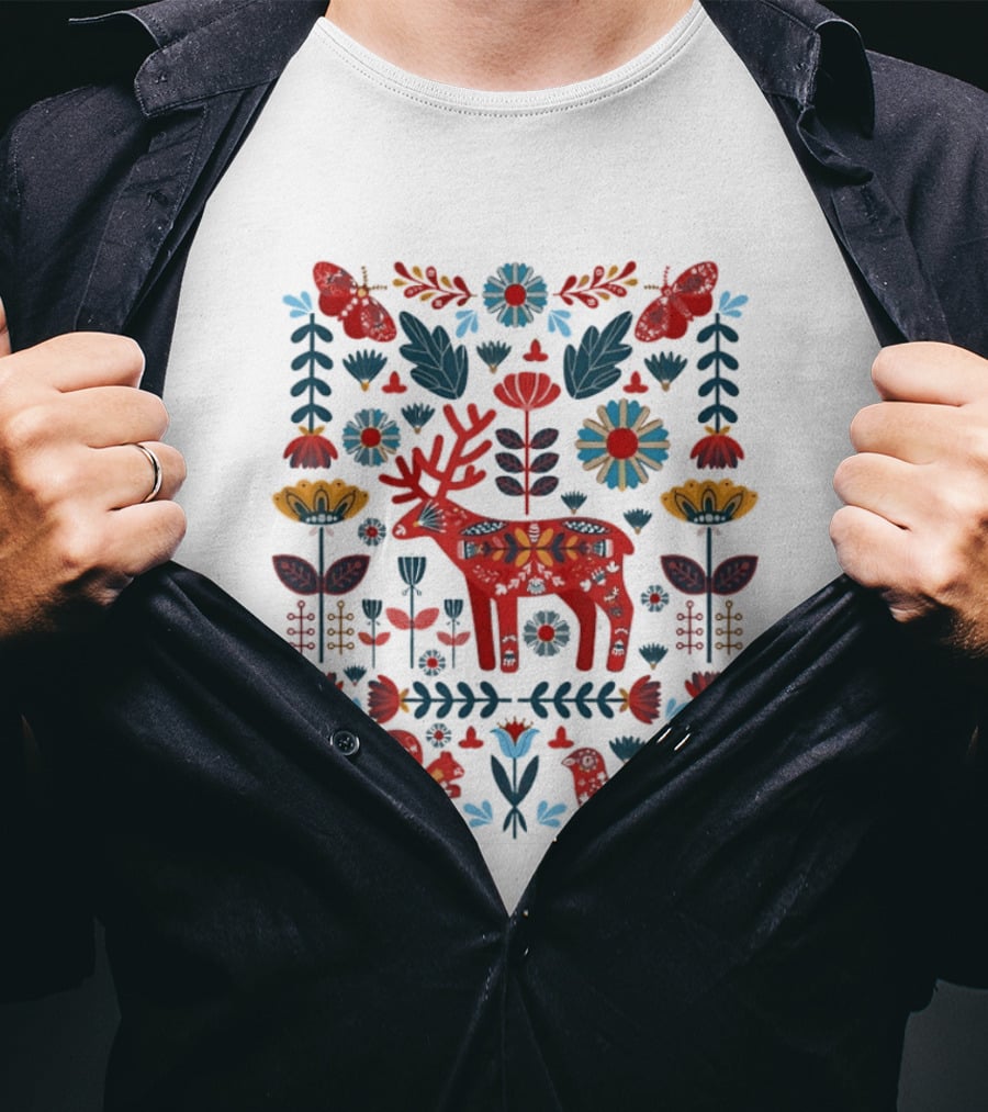 Scandinavian Folk Art Reindeer Forest Animals Flowers And Nature Wildlife T-Shirt