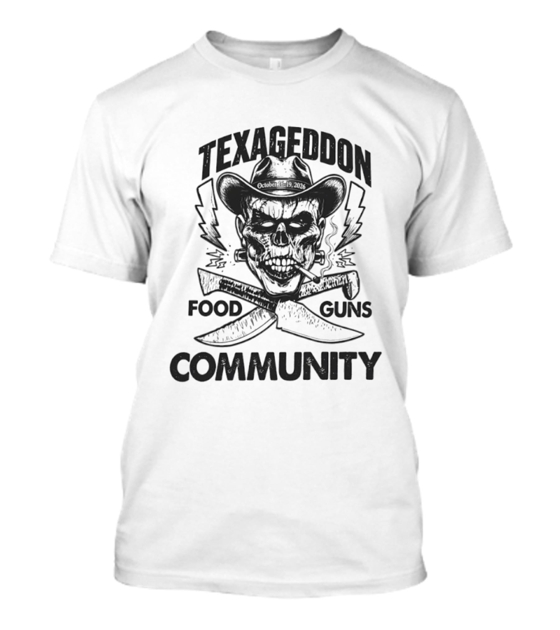 Texageddon October 16 19 2026 Skull Cowboy Knives Guns Lightning Community T-Shirt