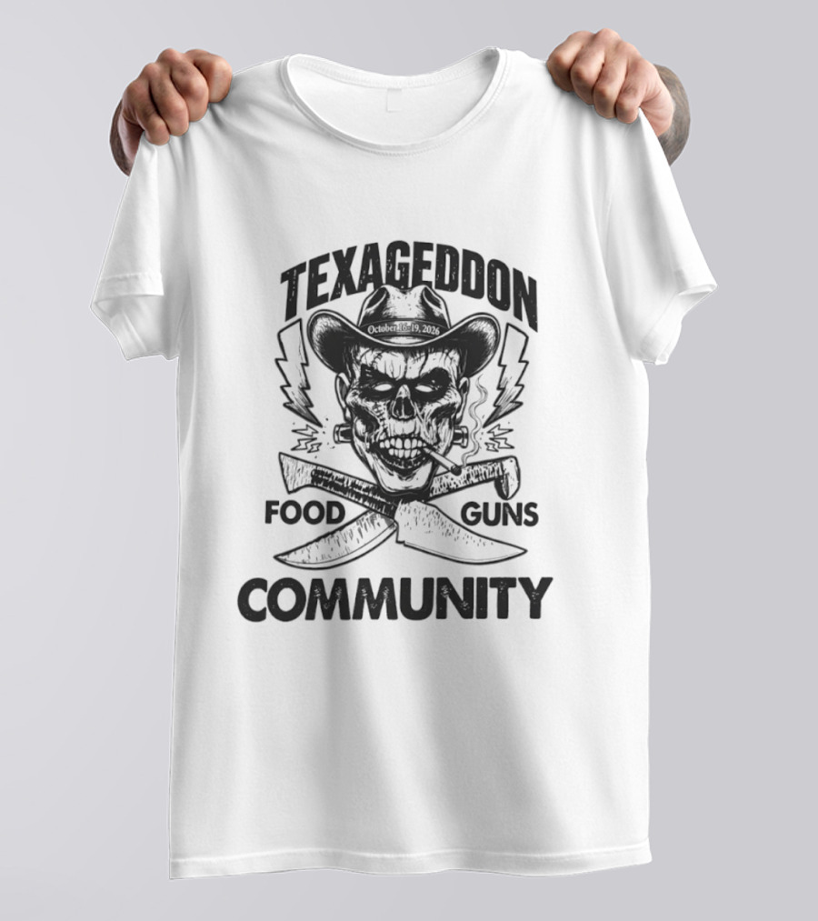 Texageddon October 16 19 2026 Skull Cowboy Knives Guns Lightning Community T-Shirt
