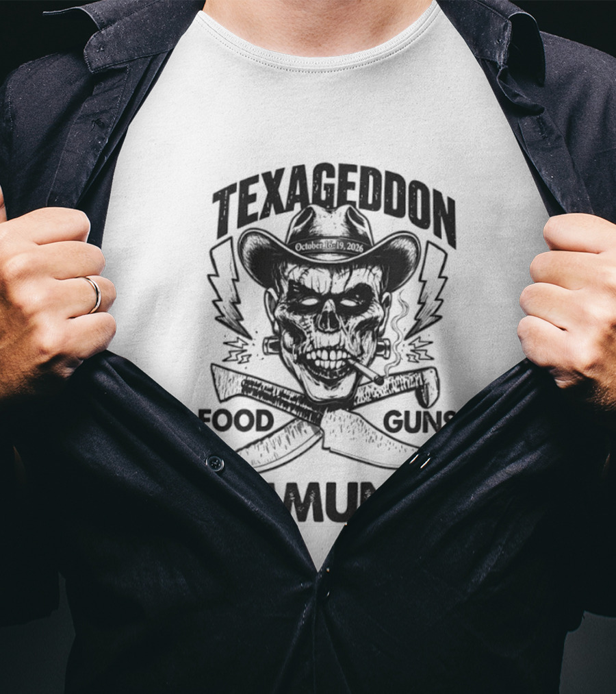 Texageddon October 16 19 2026 Skull Cowboy Knives Guns Lightning Community T-Shirt
