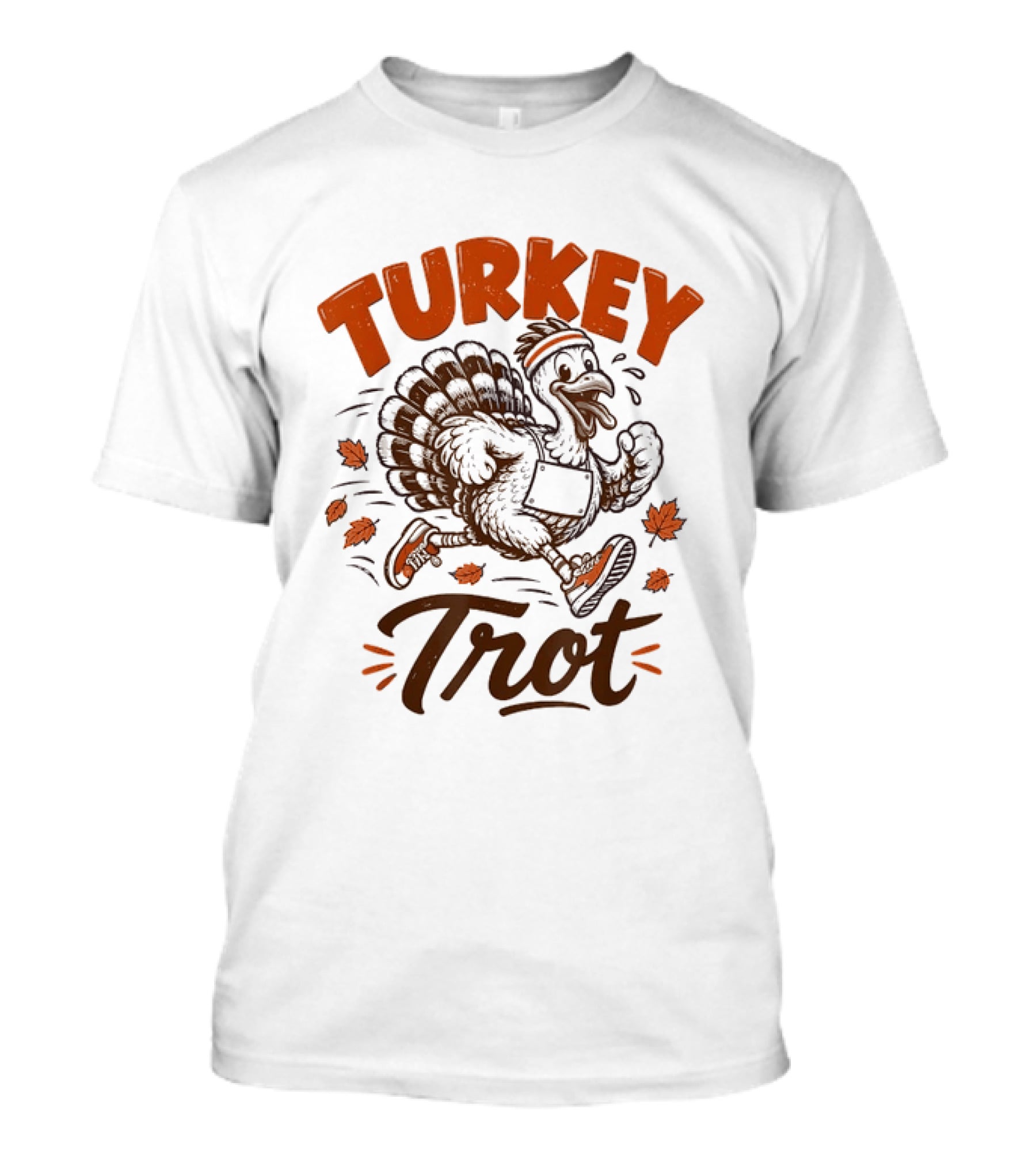 Turkey Trot Running Thanksgiving Holiday Turkey With Headband And Falling Leaves T-Shirt