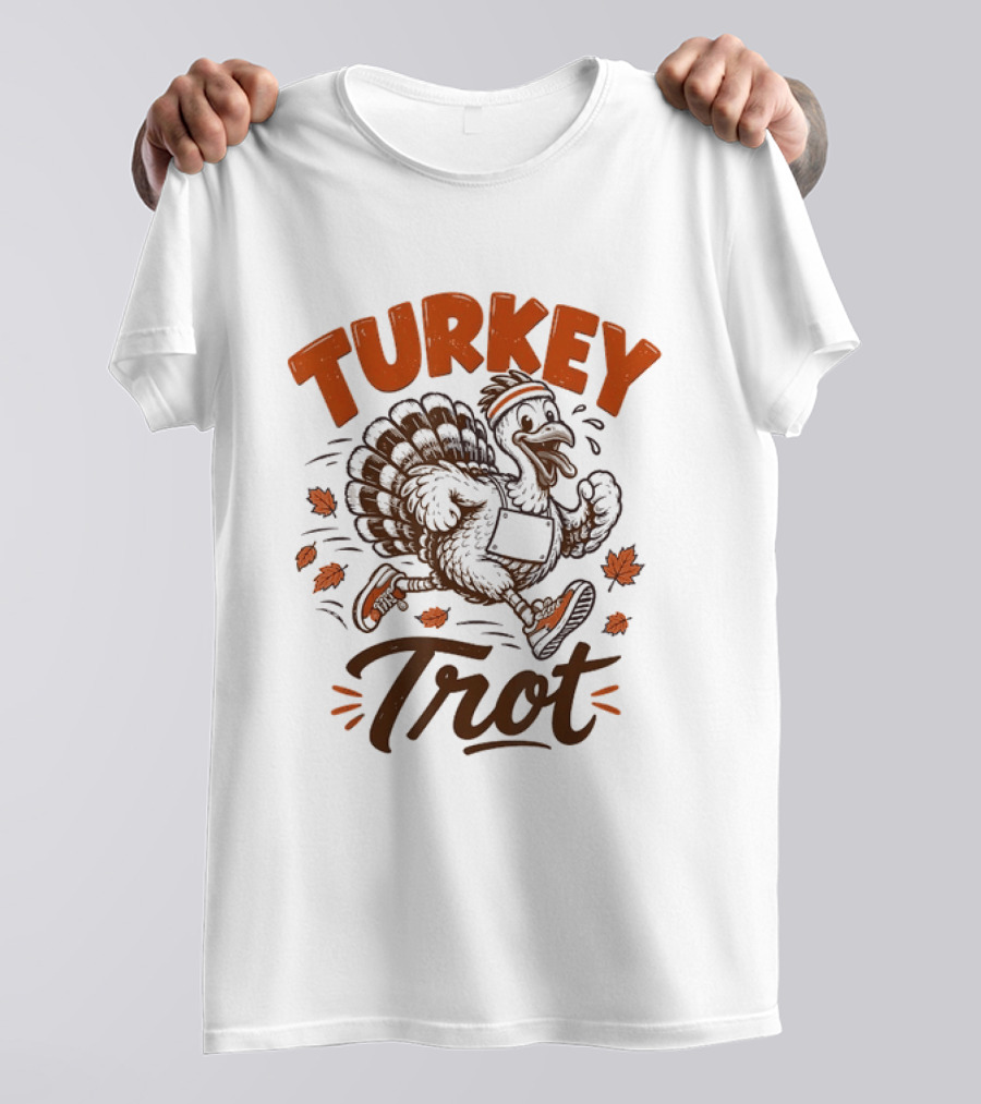 Turkey Trot Running Thanksgiving Holiday Turkey With Headband And Falling Leaves T-Shirt