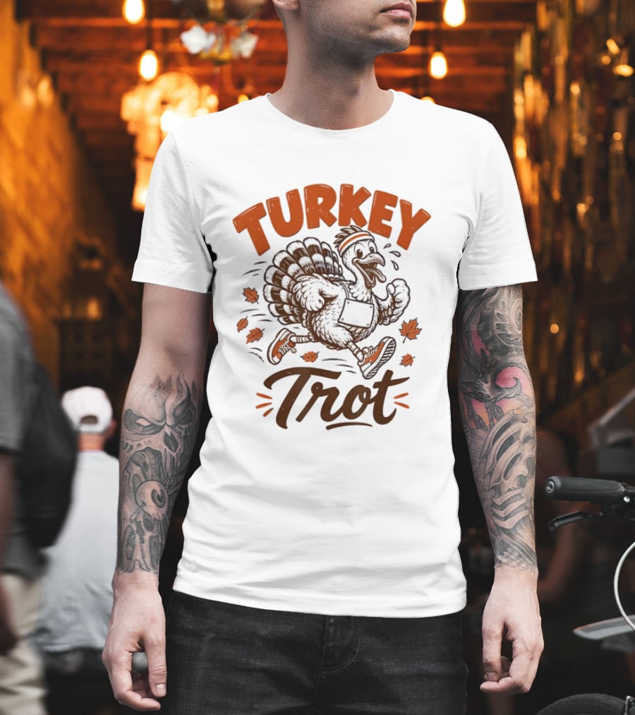 Turkey Trot Running Thanksgiving Holiday Turkey With Headband And Falling Leaves T-Shirt