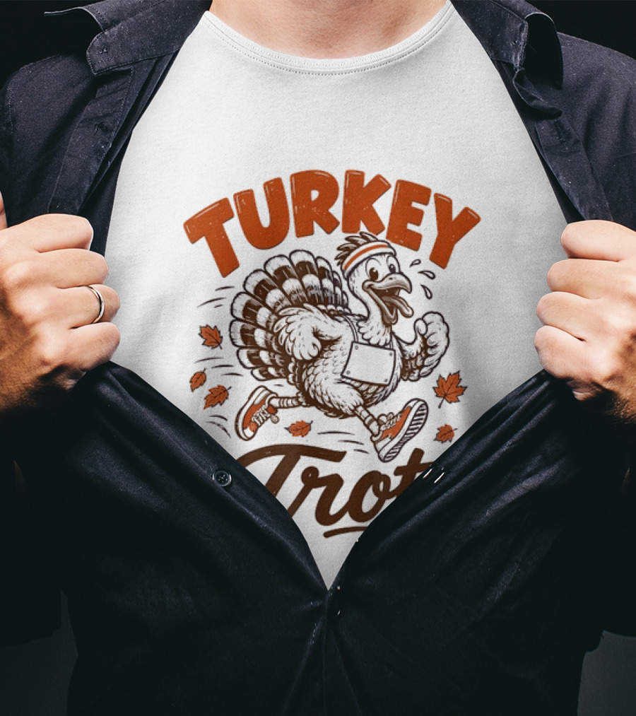 Turkey Trot Running Thanksgiving Holiday Turkey With Headband And Falling Leaves T-Shirt