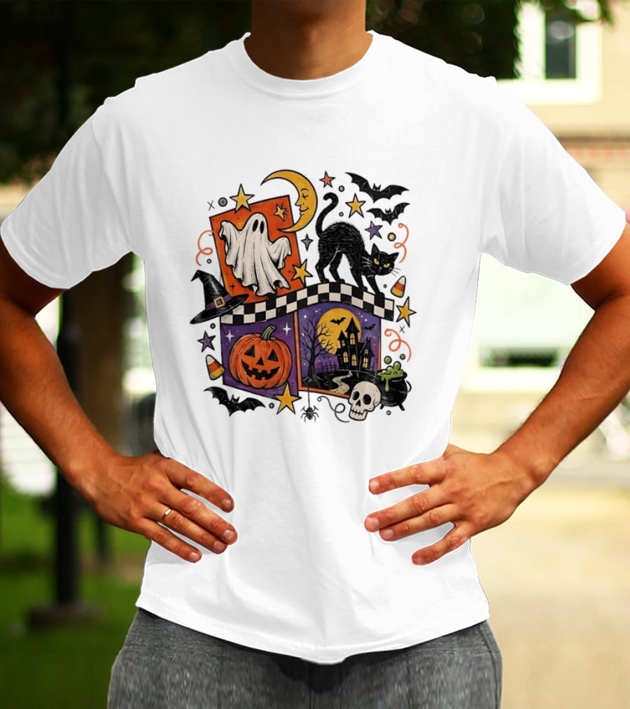 Halloween Ghost Cat Moon Pumpkin Witch Hat Skull Scene T-Shirt