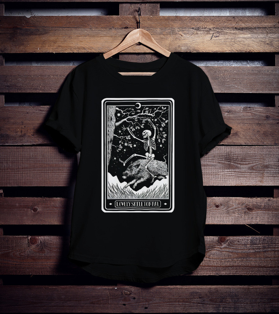 Lovely Skeleton Pal Johnny Chiodini Ever Press Store Merch Riding Wild Boar In Starry Night Scene T-Shirt