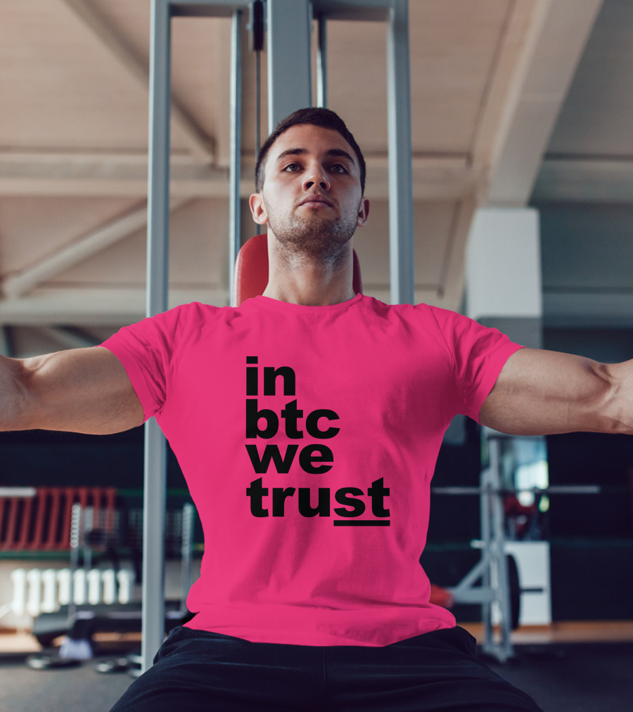Bitcoin Merch In BTC We Trust Bold Text Pink Background T-Shirt