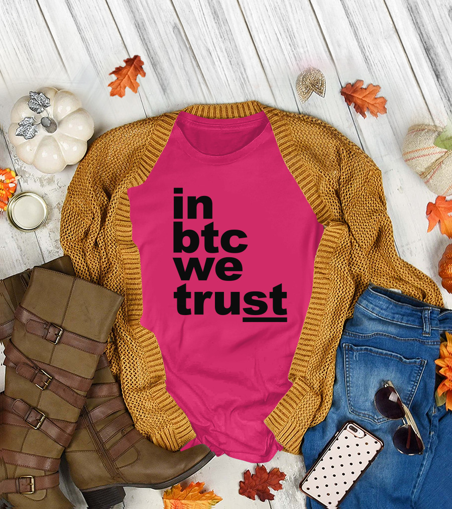 Bitcoin Merch In BTC We Trust Bold Text Pink Background T-Shirt