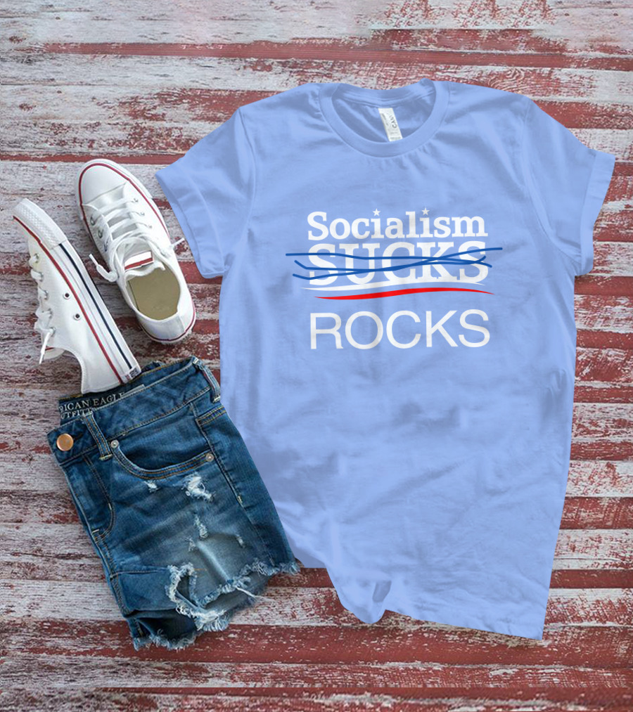 Socialism Rocks Blue Text Design With Stars And Strikethrough Line T-Shirt