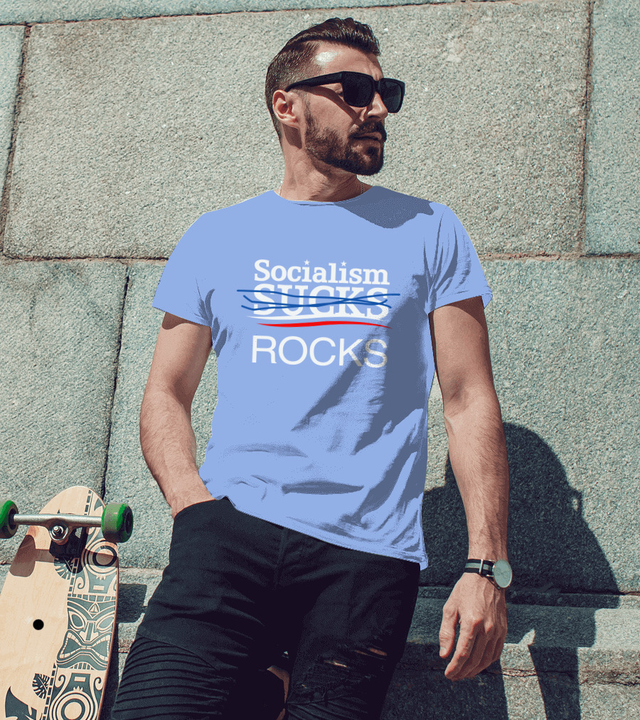Socialism Rocks Blue Text Design With Stars And Strikethrough Line T-Shirt
