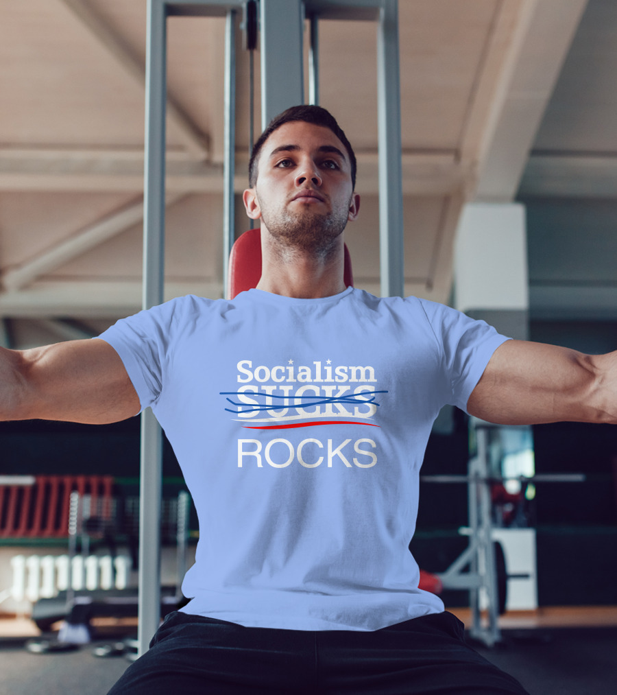 Socialism Rocks Blue Text Design With Stars And Strikethrough Line T-Shirt