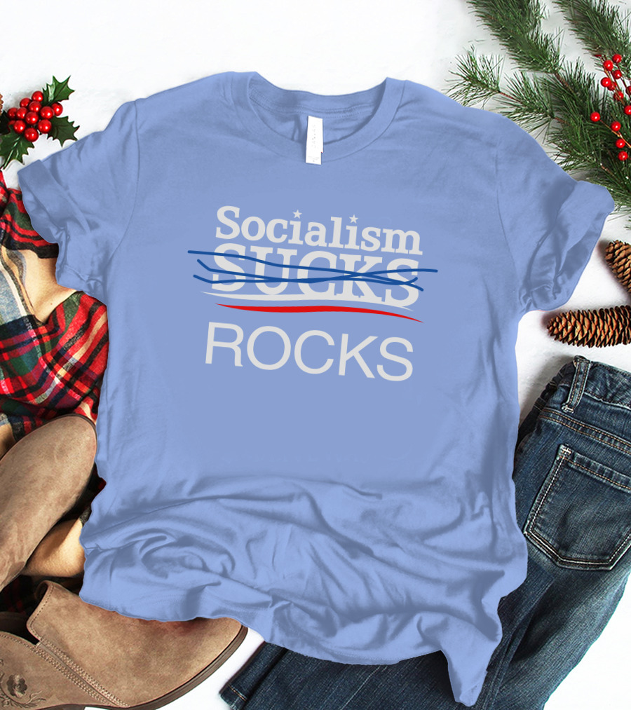 Socialism Rocks Blue Text Design With Stars And Strikethrough Line T-Shirt