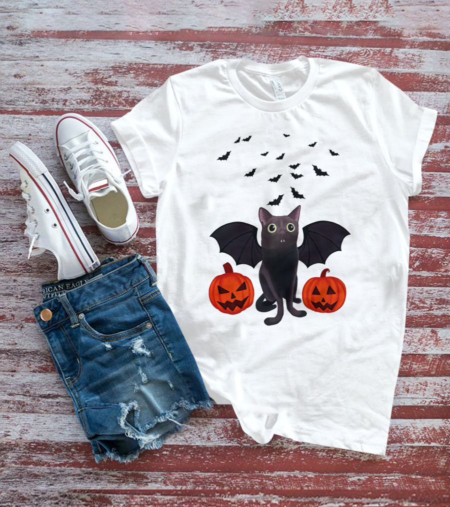 Bigfootjinx Merch Halloween Bat Jinx Black Cat With Pumpkin Jack-o'-Lanterns And Flying Bats T-Shirt