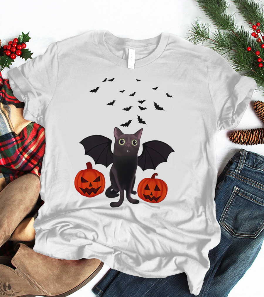 Bigfootjinx Merch Halloween Bat Jinx Black Cat With Pumpkin Jack-o'-Lanterns And Flying Bats T-Shirt