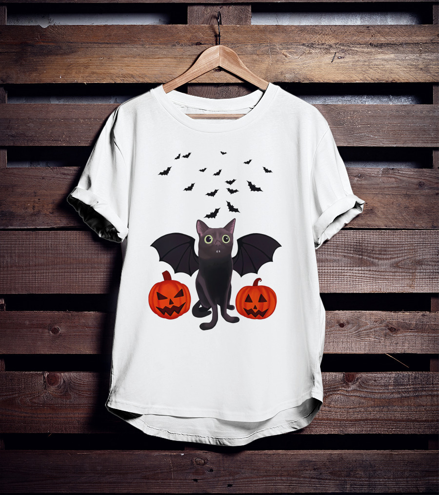 Bigfootjinx Merch Halloween Bat Jinx Black Cat With Pumpkin Jack-o'-Lanterns And Flying Bats T-Shirt