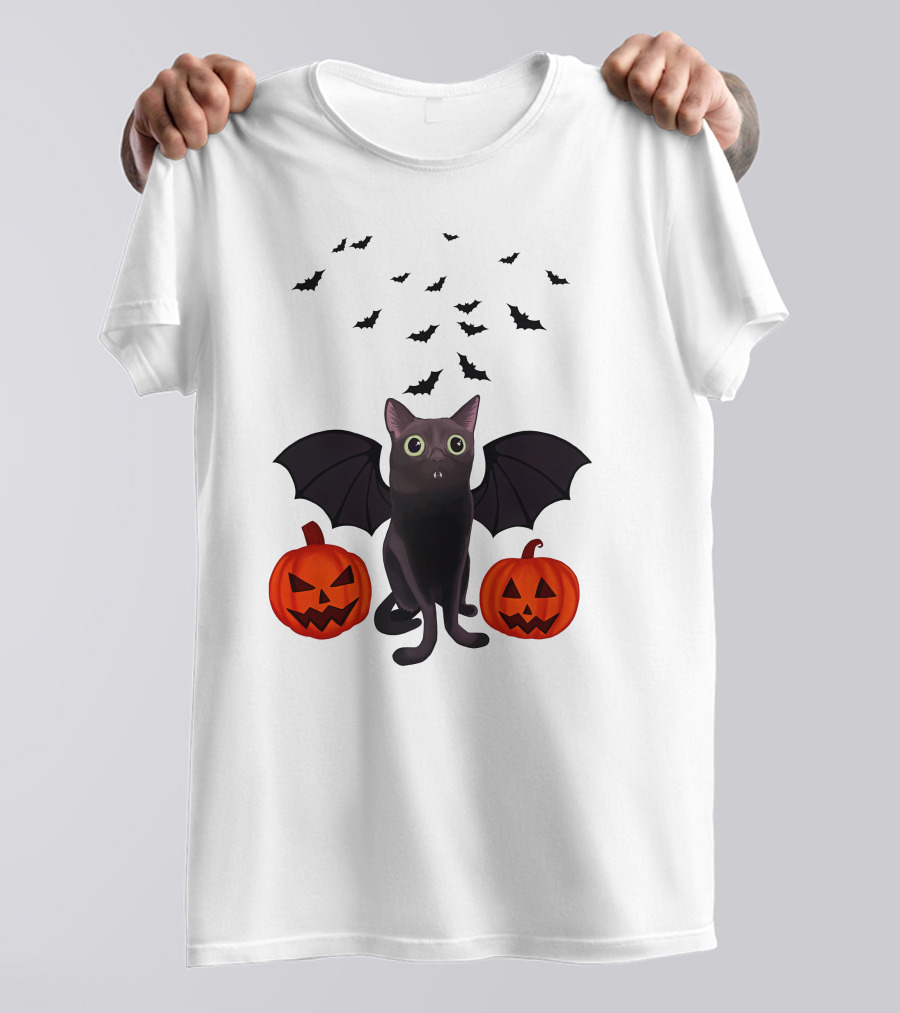 Bigfootjinx Merch Halloween Bat Jinx Black Cat With Pumpkin Jack-o'-Lanterns And Flying Bats T-Shirt