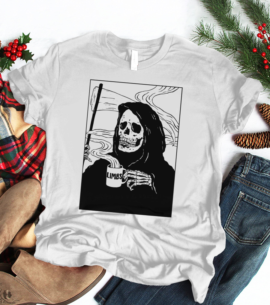 Chelsea Grin Down Right Merch Limbs Coffee Reaper Skeleton Holding Scythe And Mug T-Shirt