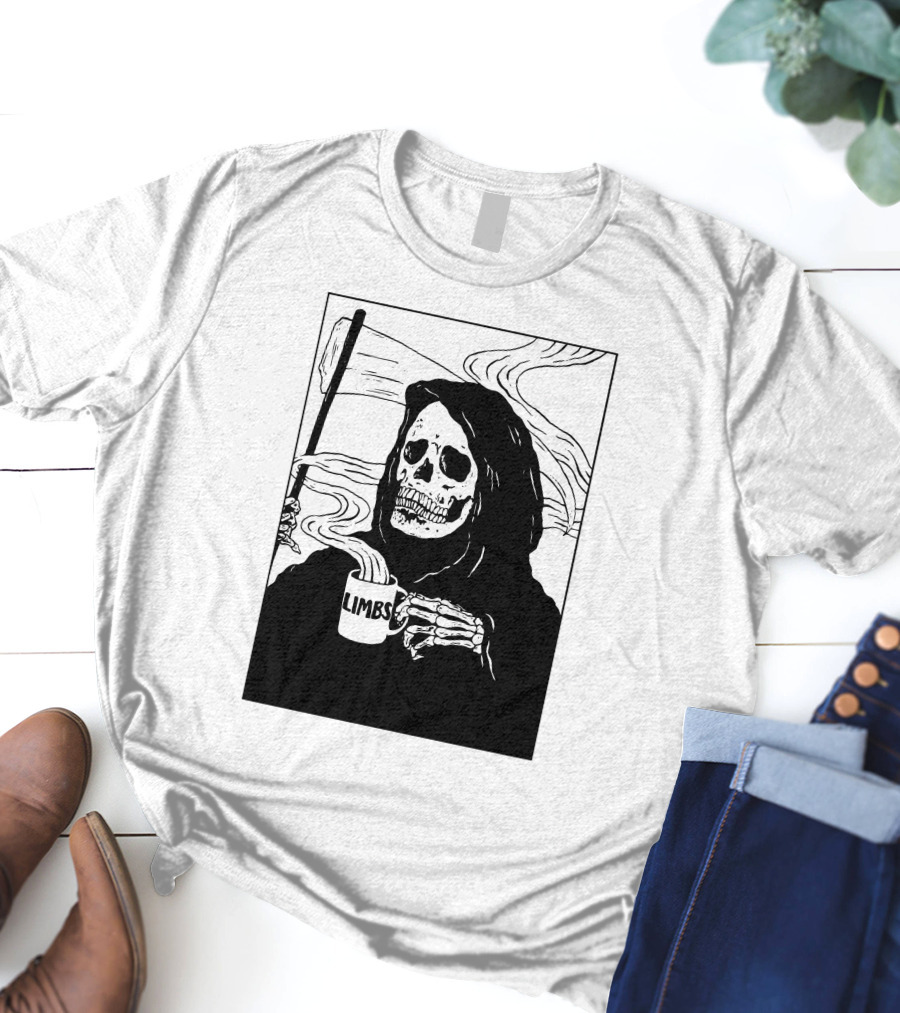 Chelsea Grin Down Right Merch Limbs Coffee Reaper Skeleton Holding Scythe And Mug T-Shirt