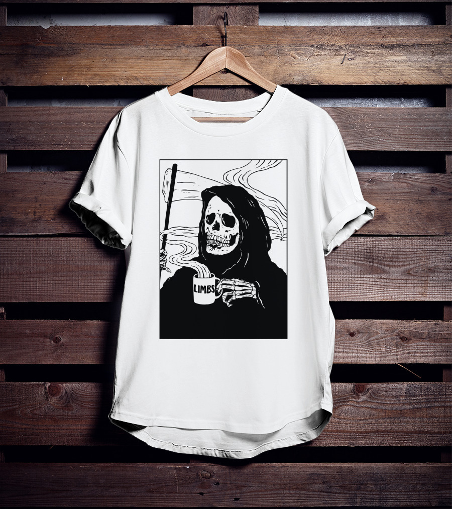 Chelsea Grin Down Right Merch Limbs Coffee Reaper Skeleton Holding Scythe And Mug T-Shirt