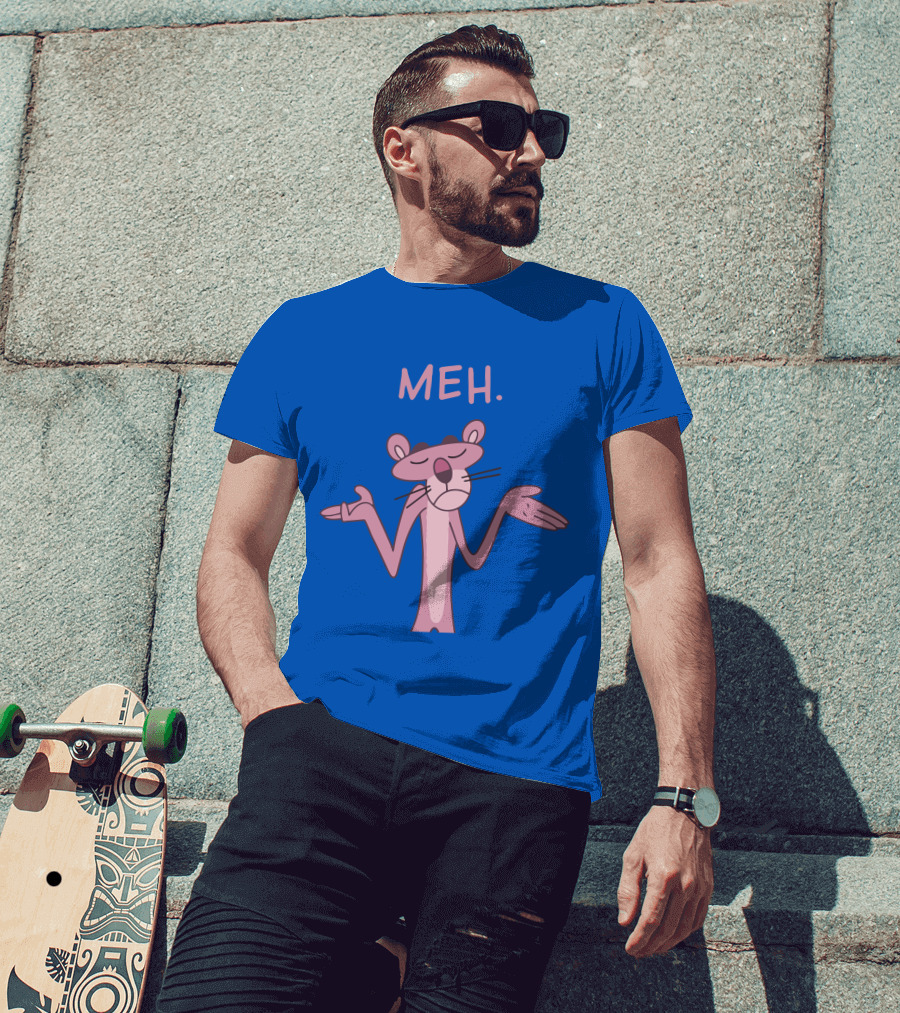 Qwertee Pink Panther Meh Apathy Blue Background T-Shirt