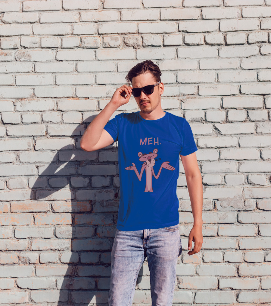 Qwertee Pink Panther Meh Apathy Blue Background T-Shirt