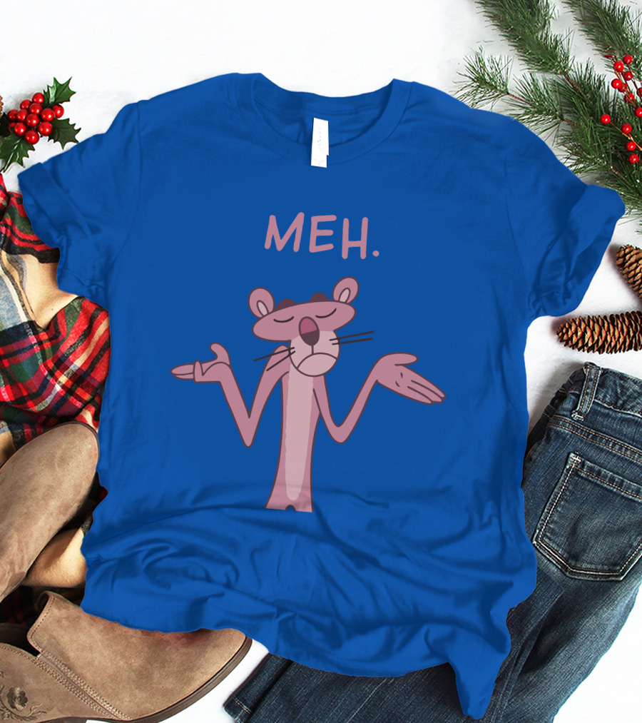 Qwertee Pink Panther Meh Apathy Blue Background T-Shirt
