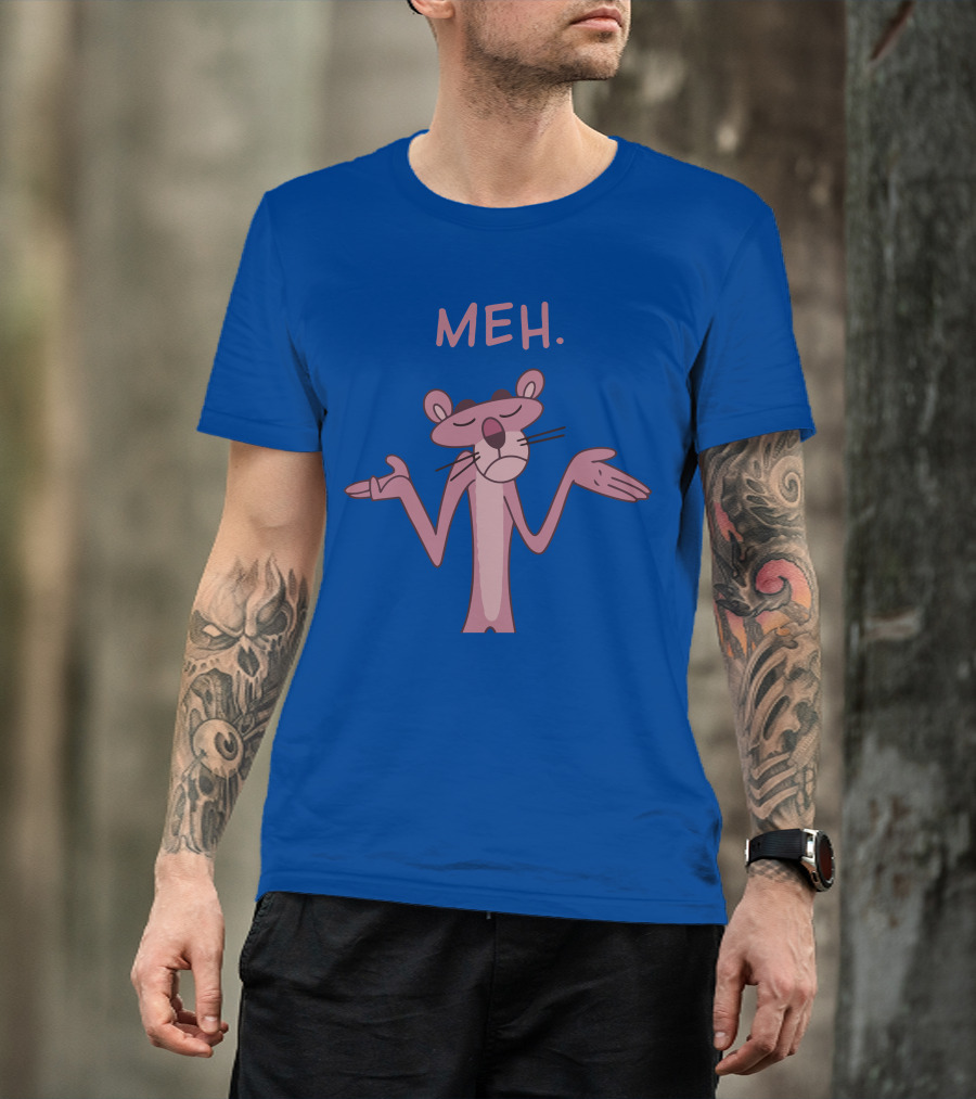 Qwertee Pink Panther Meh Apathy Blue Background T-Shirt
