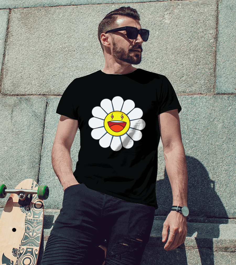 J Balvin Merch Blanco Large Flower Smiley Face With Lightning Eyes T-Shirt
