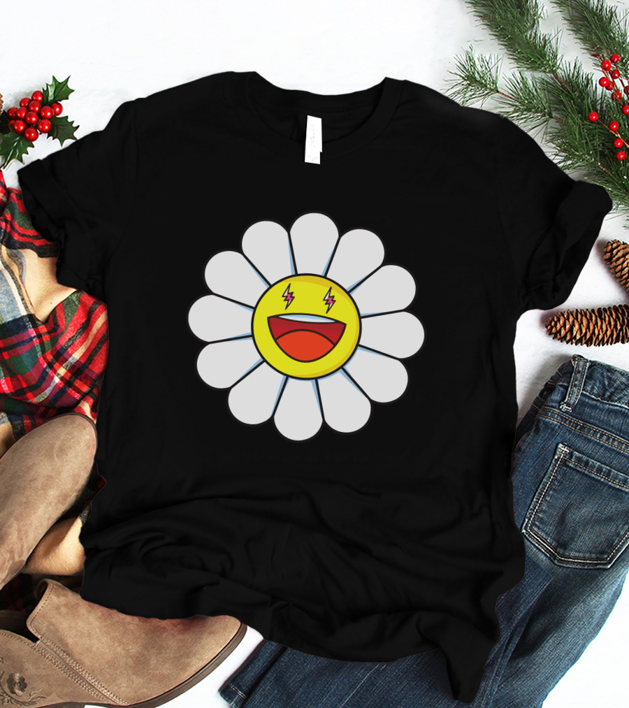 J Balvin Merch Blanco Large Flower Smiley Face With Lightning Eyes T-Shirt
