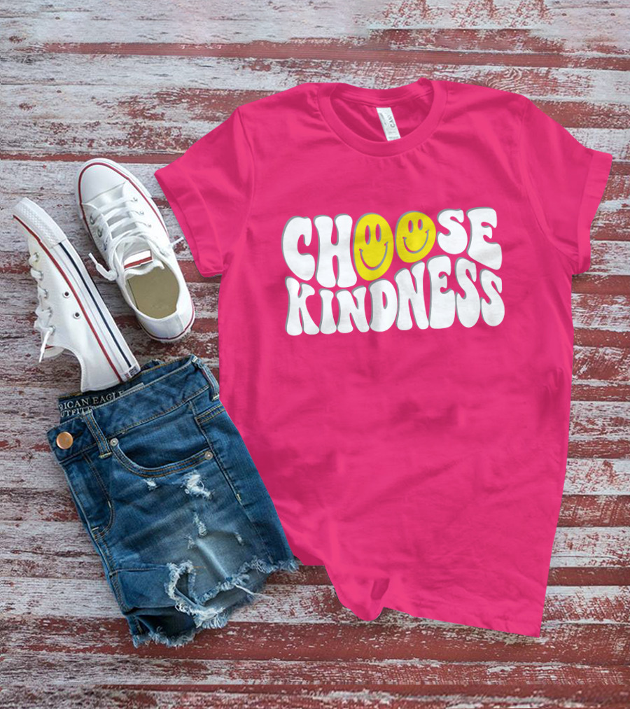 Miss Natali S Choose Kindness Smiley Face Groovy Font Pink Background T-Shirt